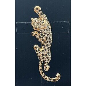 Elegant Black Crystal Panther Leopard Brooch Pin Gold Tone Animal Cat Lovers